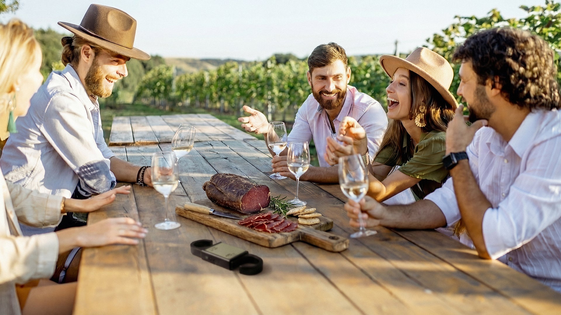 Group of friends enjoying a meal outdoors with wine, meatdryer, bresaola and charcuterie.